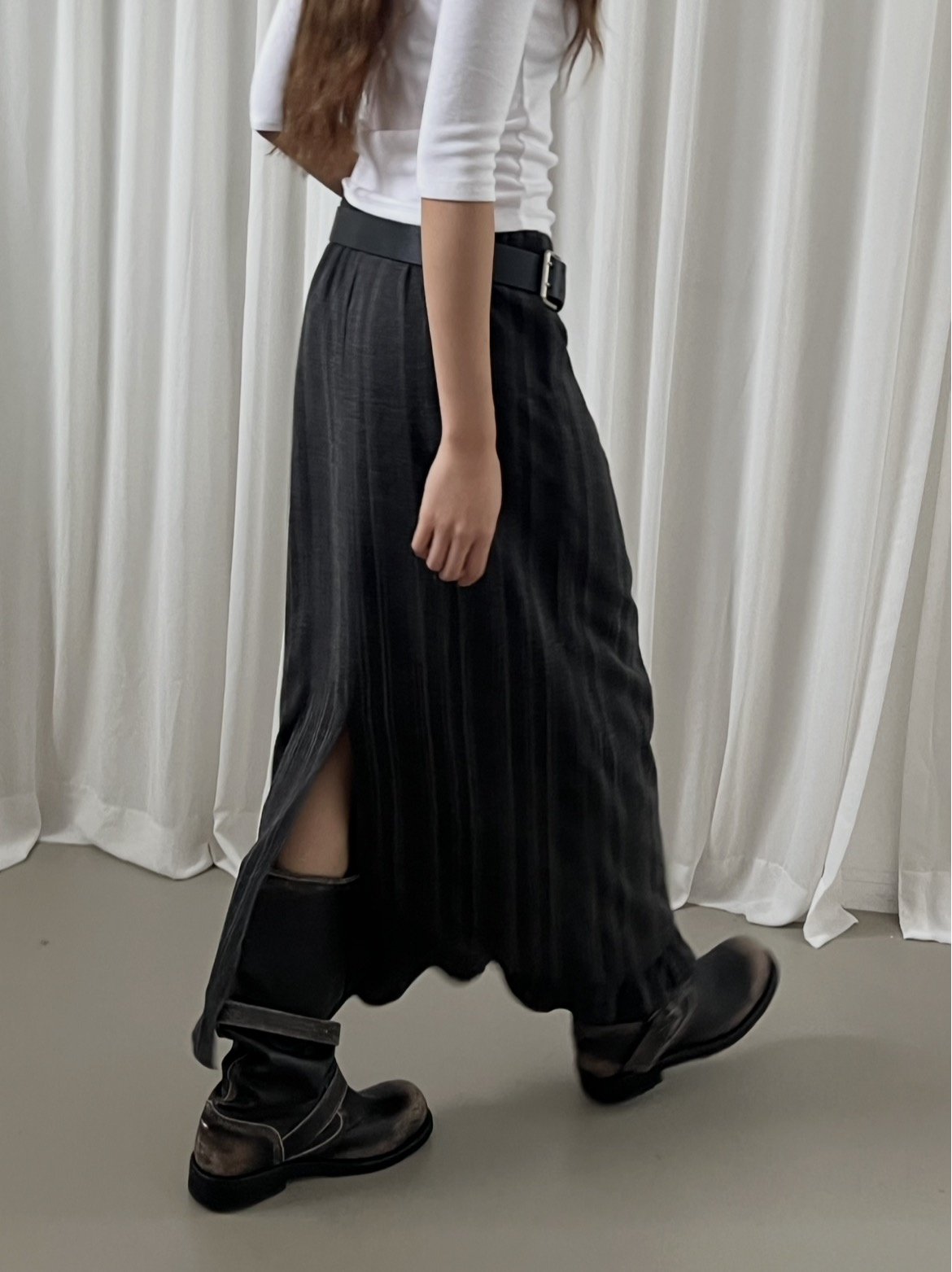 Pinstripe Maxi Skirt with Contrast Waist Band and Ruffle Hem