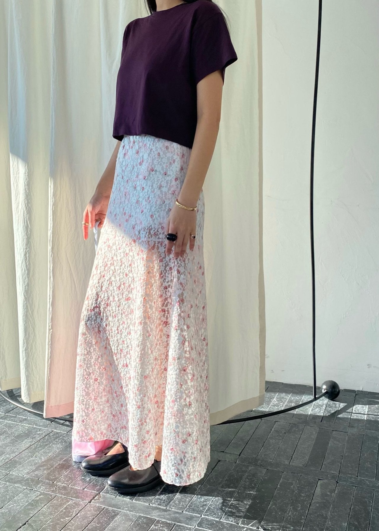 OUPPT Floral Lace Elastic Waist Maxi Skirt with Flared Hem