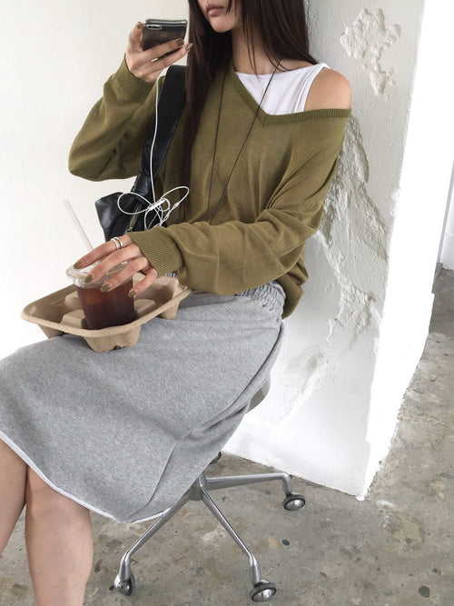 Nweol V-Neck Drop Shoulder Oversized Knit Sweater