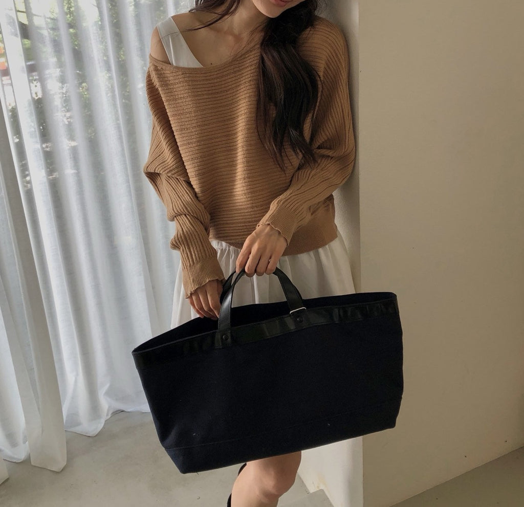 Oversized Wide Boat Neck Cropped Rib Knit Top