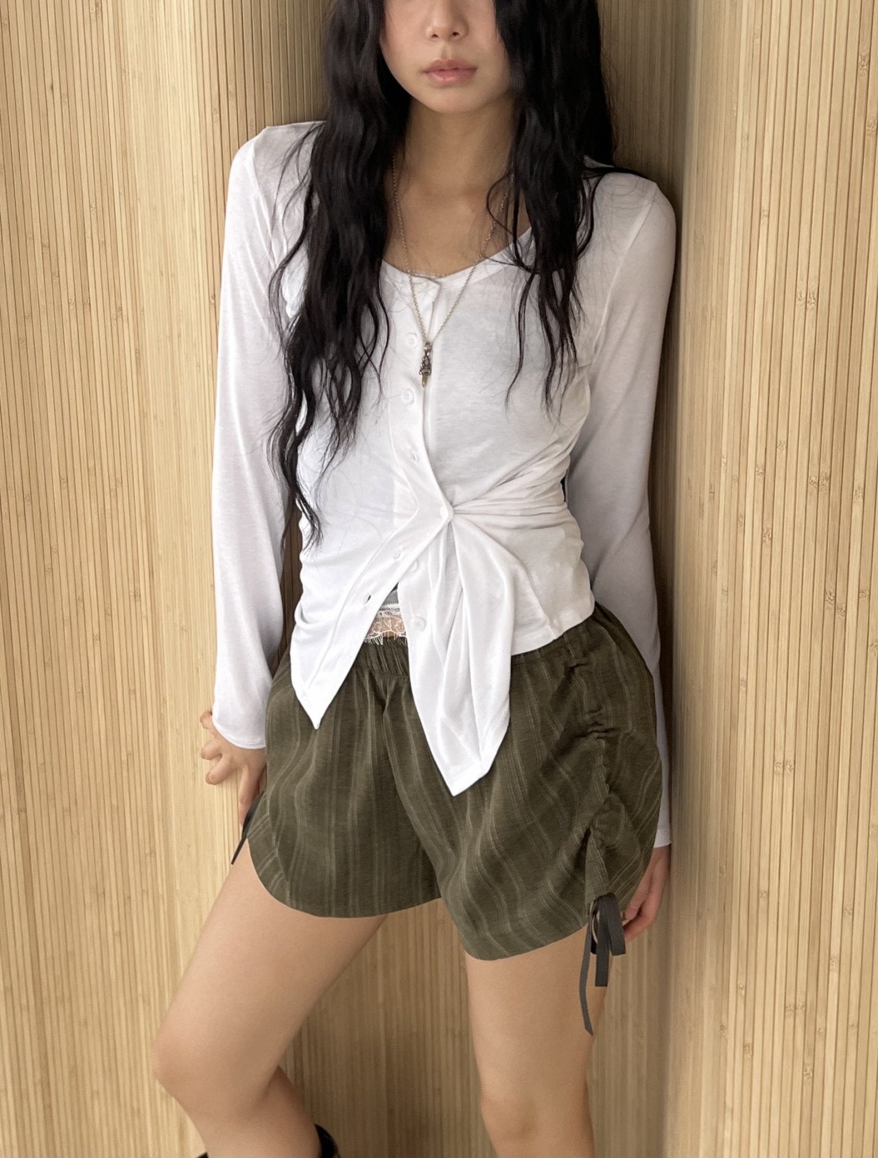 ASKHAKI Button-Front Drawstring Cropped Long Sleeve Cardigan