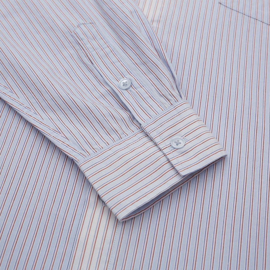 Sky blue striped shirt shoulder and back yoke detail