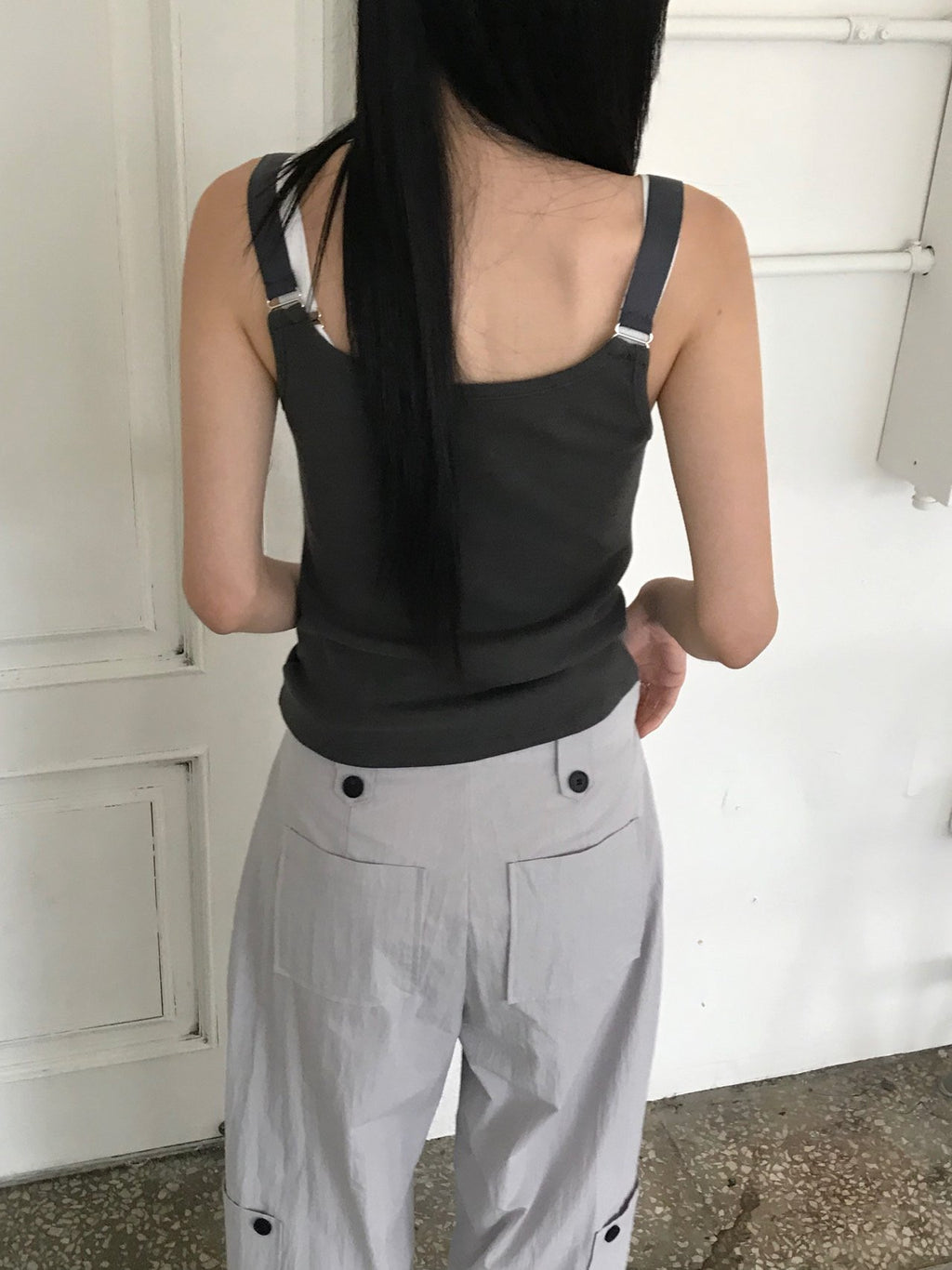 Nweol ribbed square neck tank top in White Melange, back view
