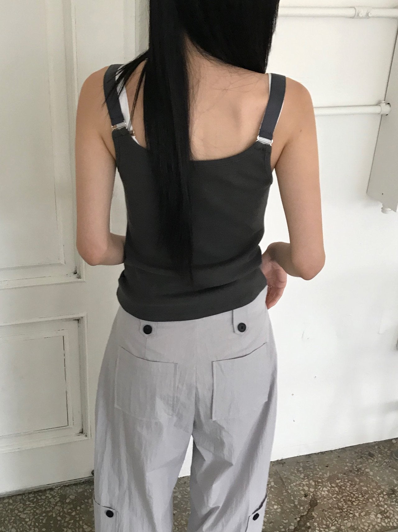 Nweol ribbed square neck tank top in White Melange, back view