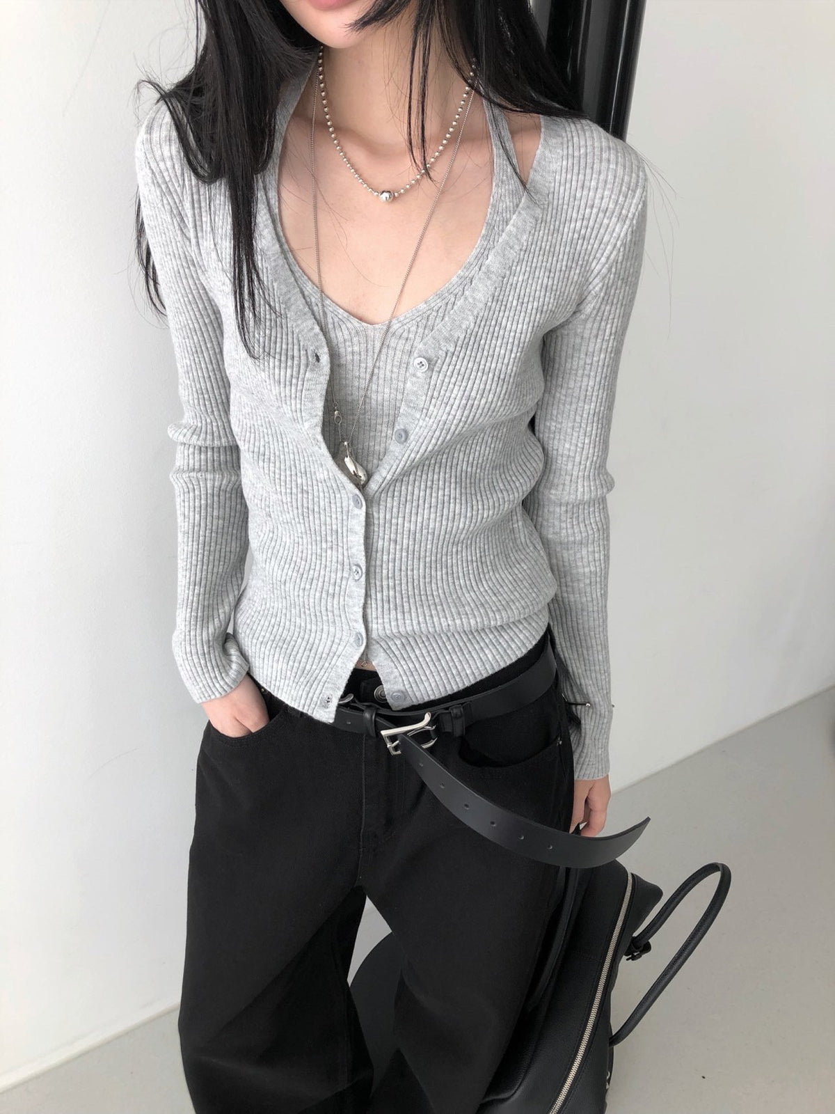 Ribbed Knit Cardigan and Tank Top Set