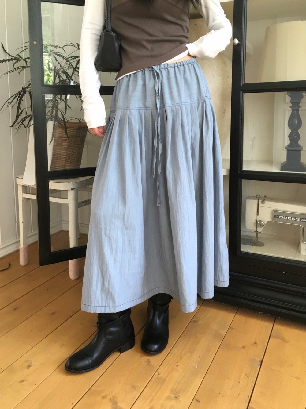Pleated Midi Skirt with Drawstring Elastic Waist