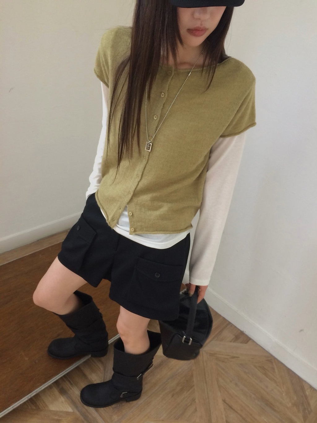 Front Button Cropped Cap Sleeve Knit Vest