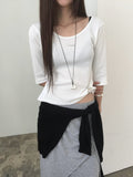 Nweol waffle knit crop half sleeve top in White Melange, product flat lay on hanger against white door front view