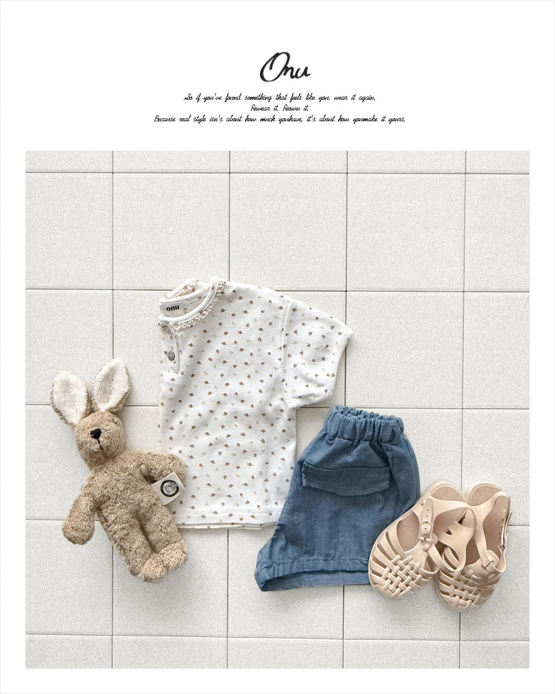 Onu Ditsy Floral Lace Neck Rib Tee & Pocket Denim Shorts Set — Kids