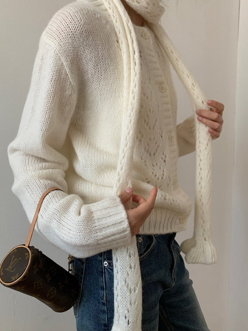 Light Blue cardigan and scarf set back view