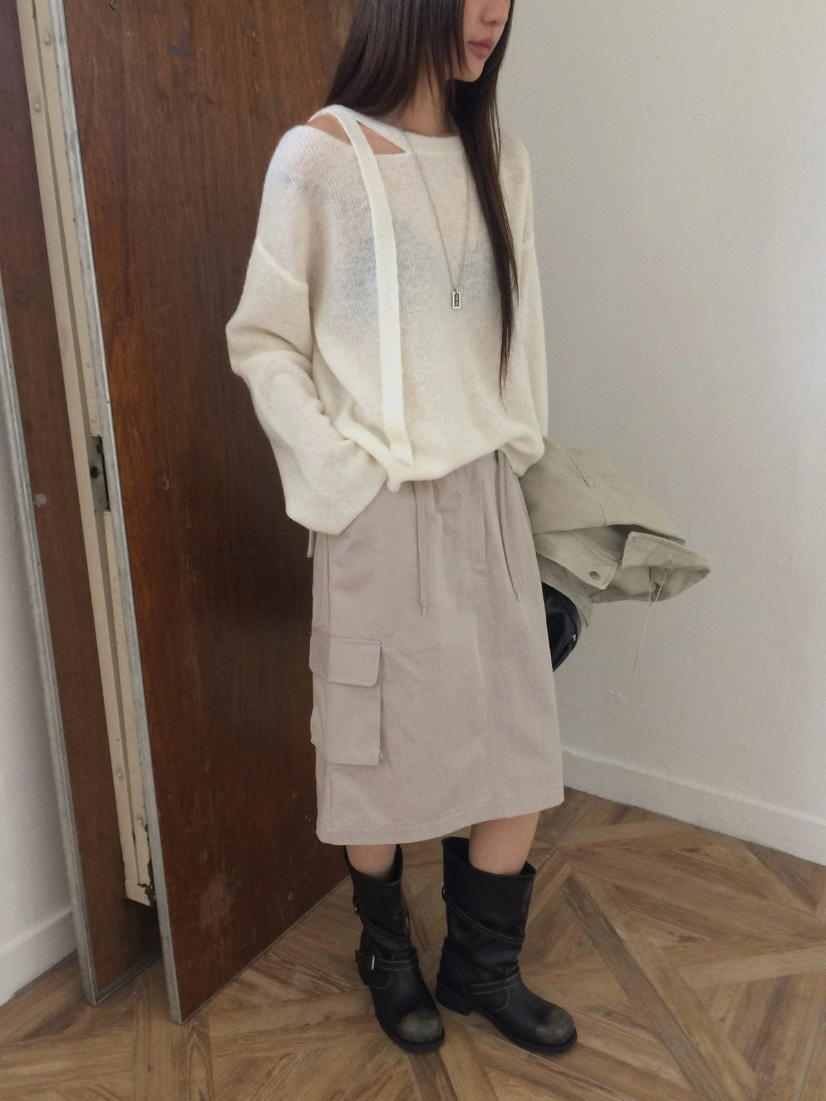 Off-Shoulder Strap Cutout Loose Fit Long Sleeve Knit Top