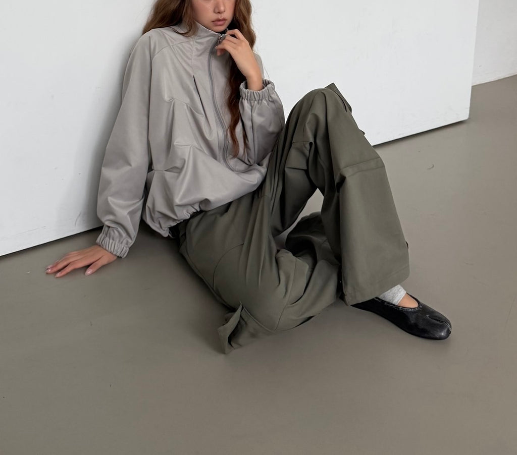 Stand Collar Full Zip Cropped Jacket with Pleated Panel Detail