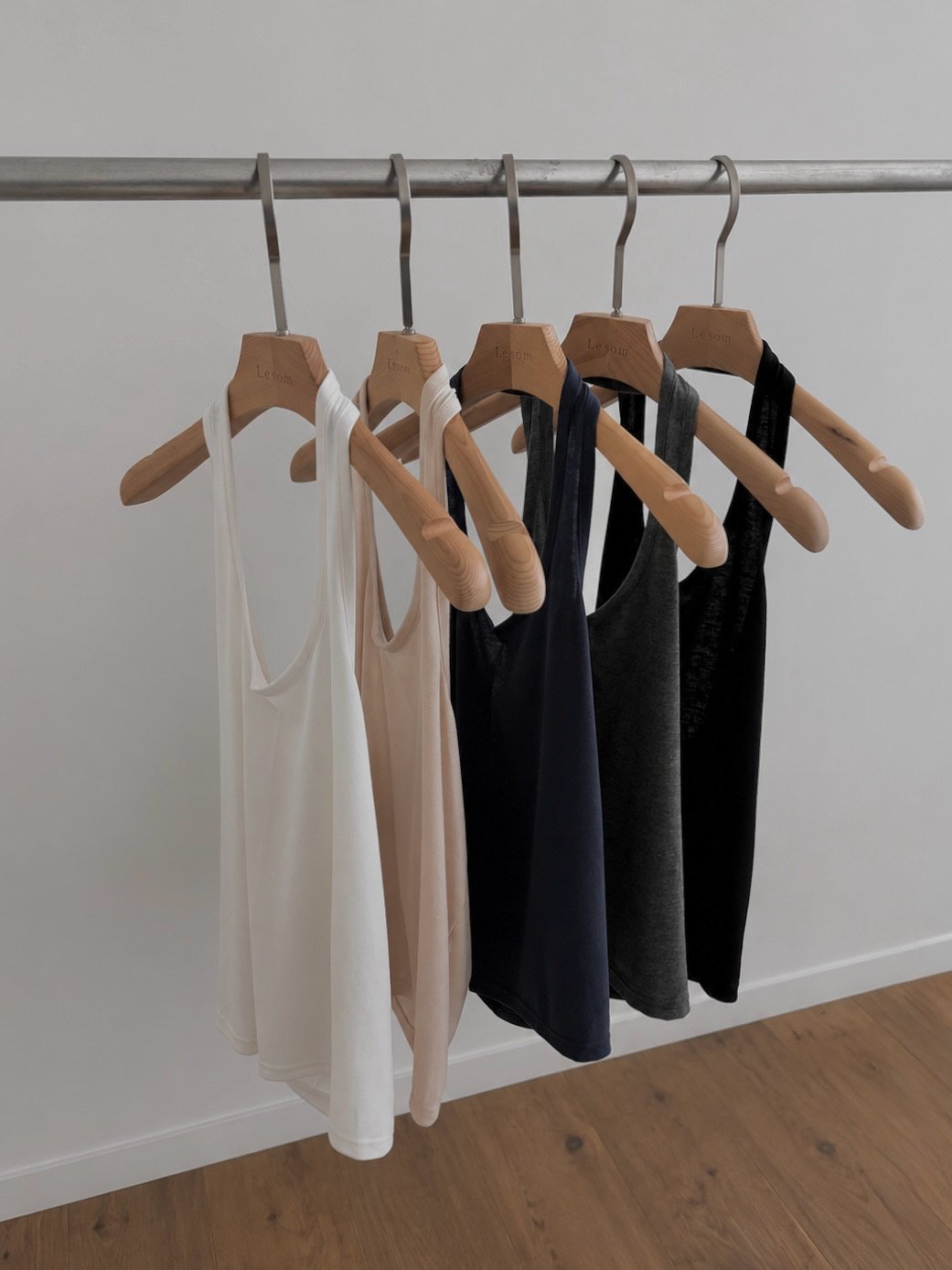 Halter tank tops in ivory, beige, navy, charcoal, and black