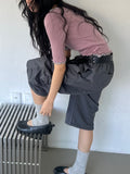 ASKHAKI Side Shirring Drawstring Hem Wide Bermuda Pants