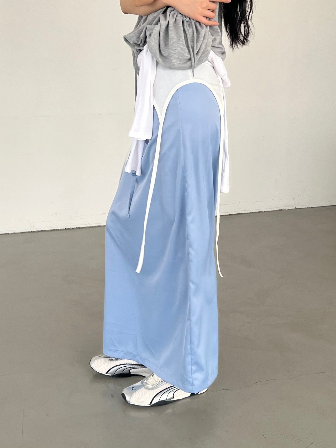 ASKHAKI Contrast Piping Drawstring Wide Leg Long Skirt