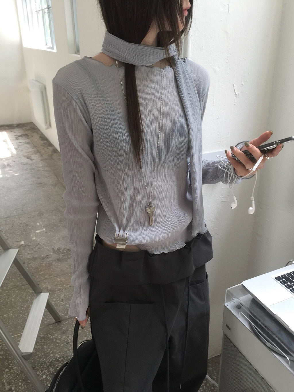 Pleated Long Sleeve Top with Scarf Set