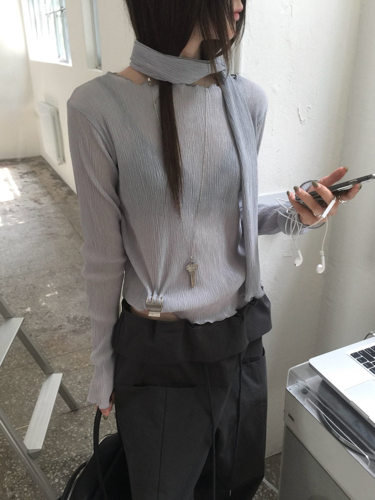 Pleated Long Sleeve Top with Scarf Set