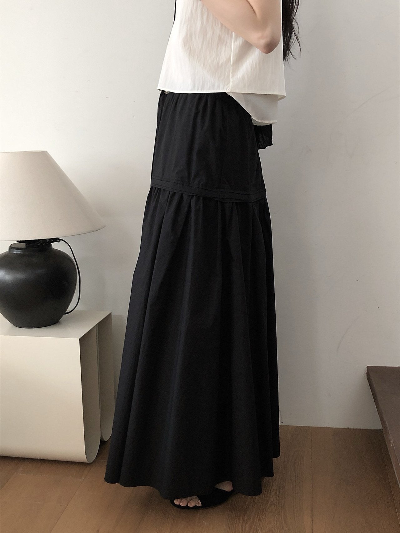 LeButter Pin Tuck Panel Maxi Skirt — Drawstring Elastic Waist