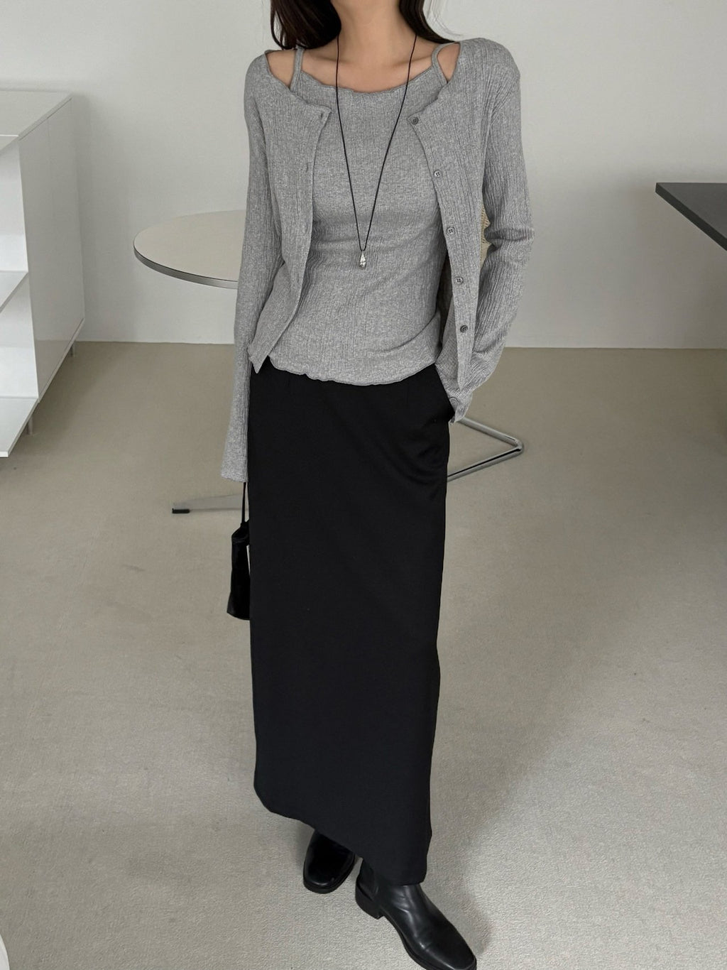 Ivory pleated cardigan and tank top two-piece set, front view