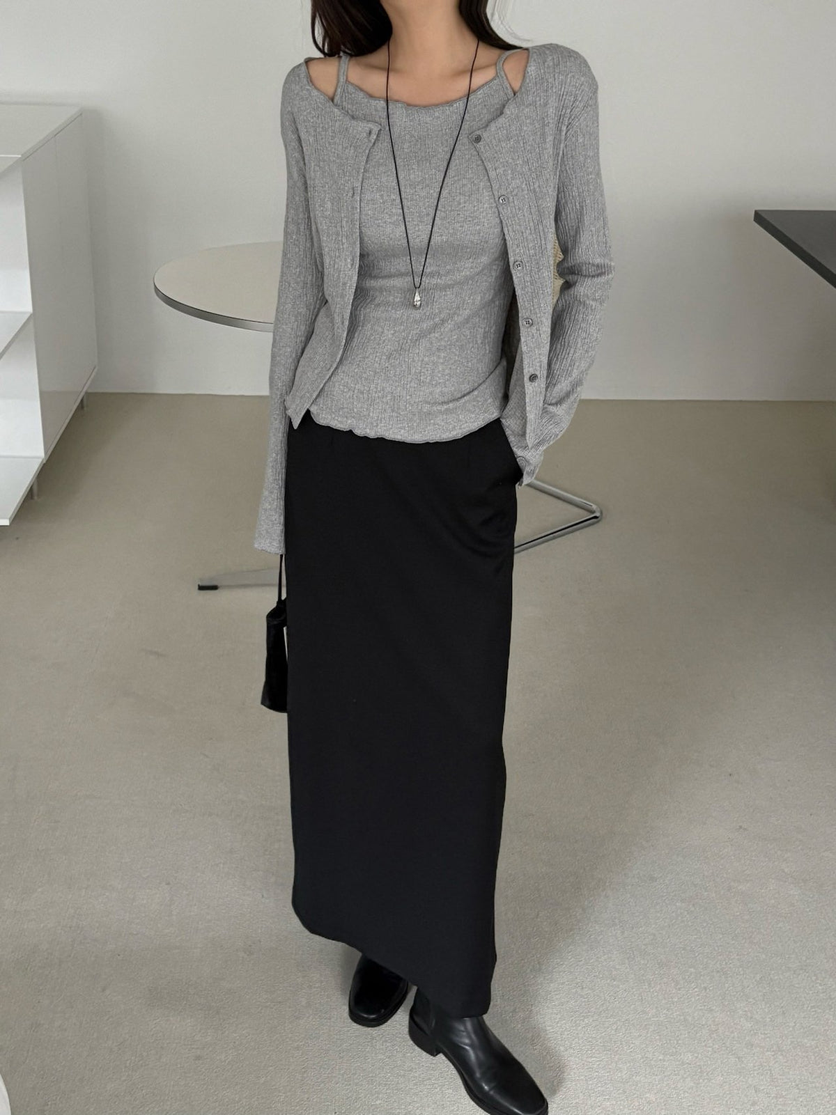 Ivory pleated cardigan and tank top two-piece set, front view