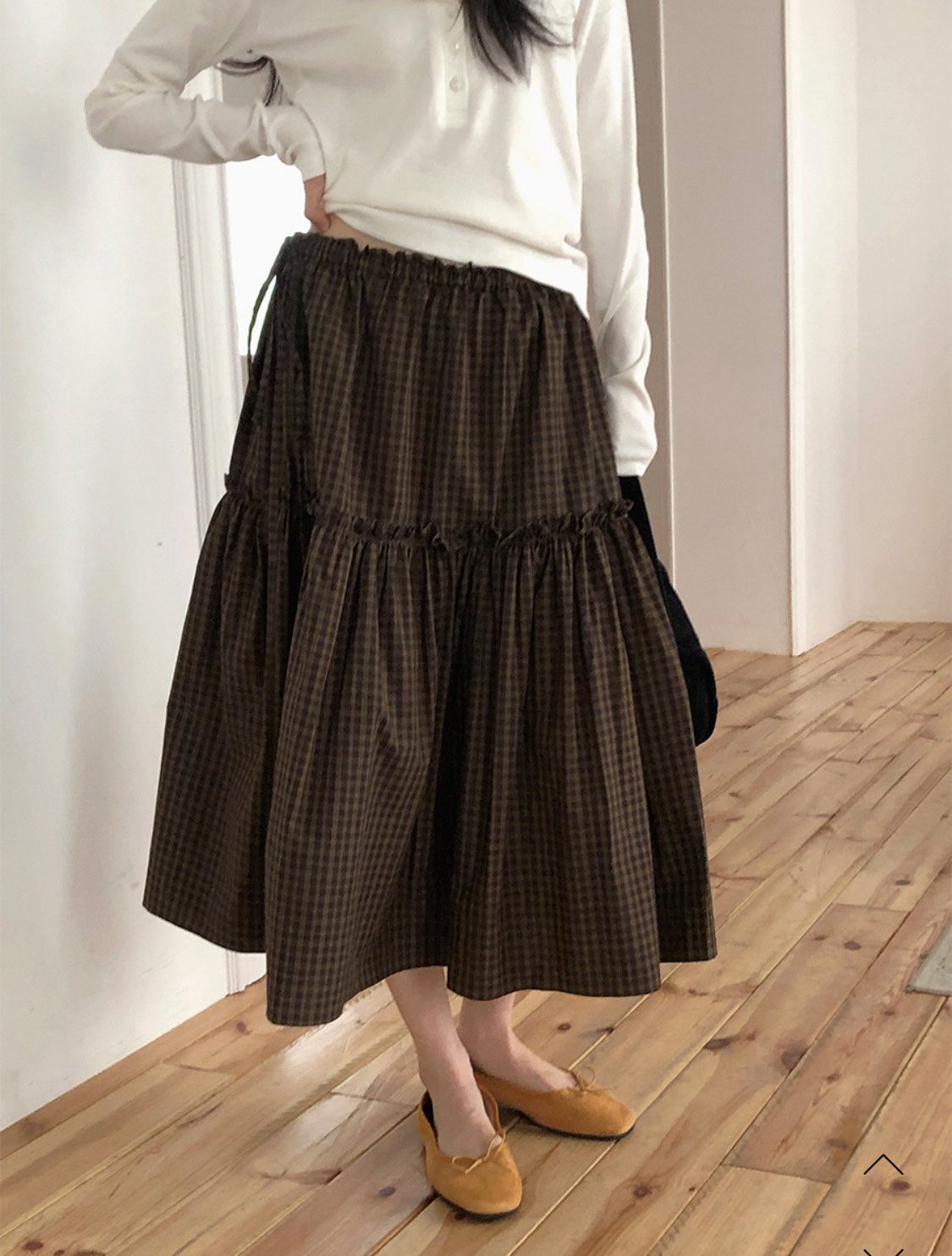 Tiered Midi Skirt with Check Pattern and Drawstring Waist