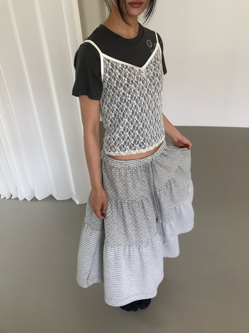 NueFlash Polka Dot Stripe Tiered Maxi Skirt