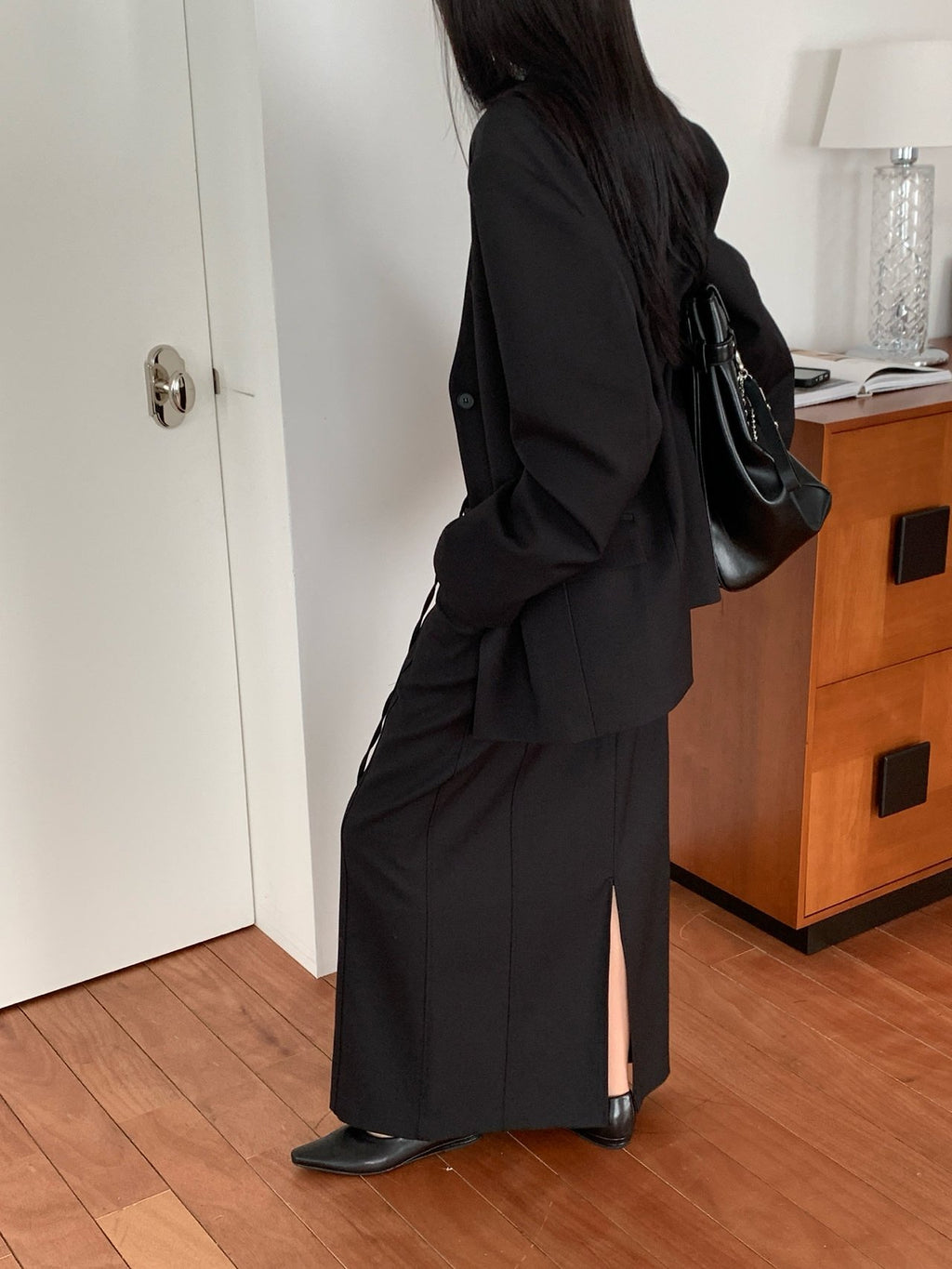 Charcoal long skirt waist and tie detail