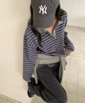 Striped Polo Collar Long Sleeve Tee with Side Slits
