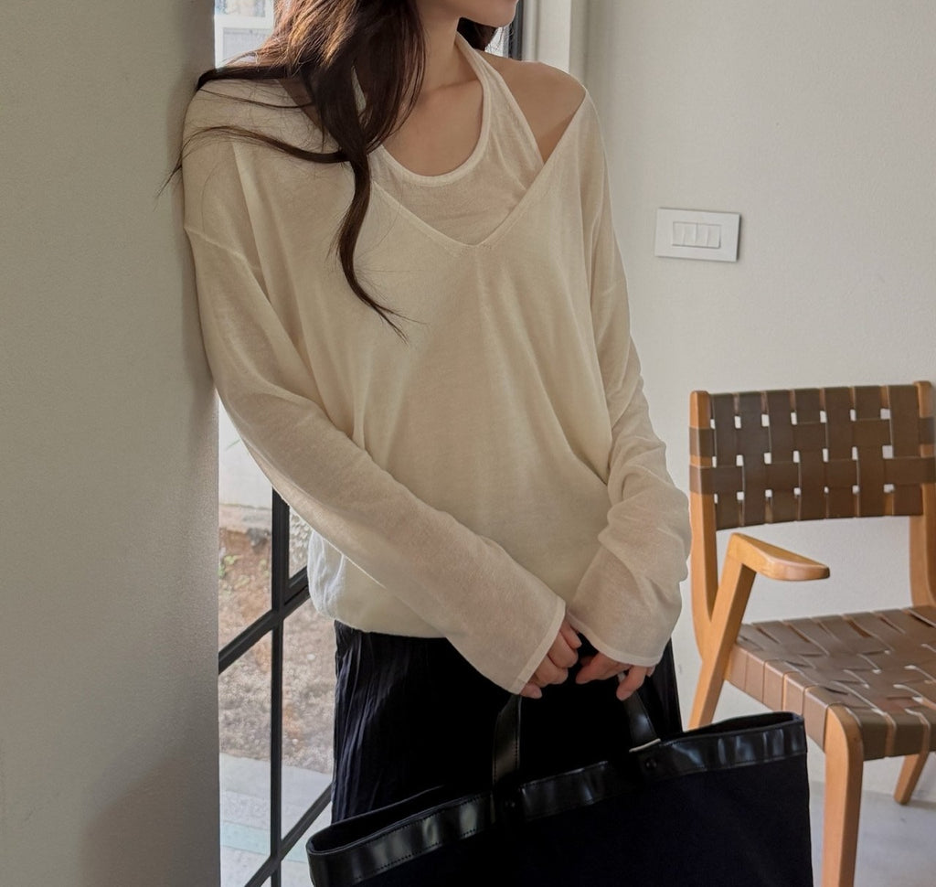 V-Neck Layered Look Long Sleeve Knit Top