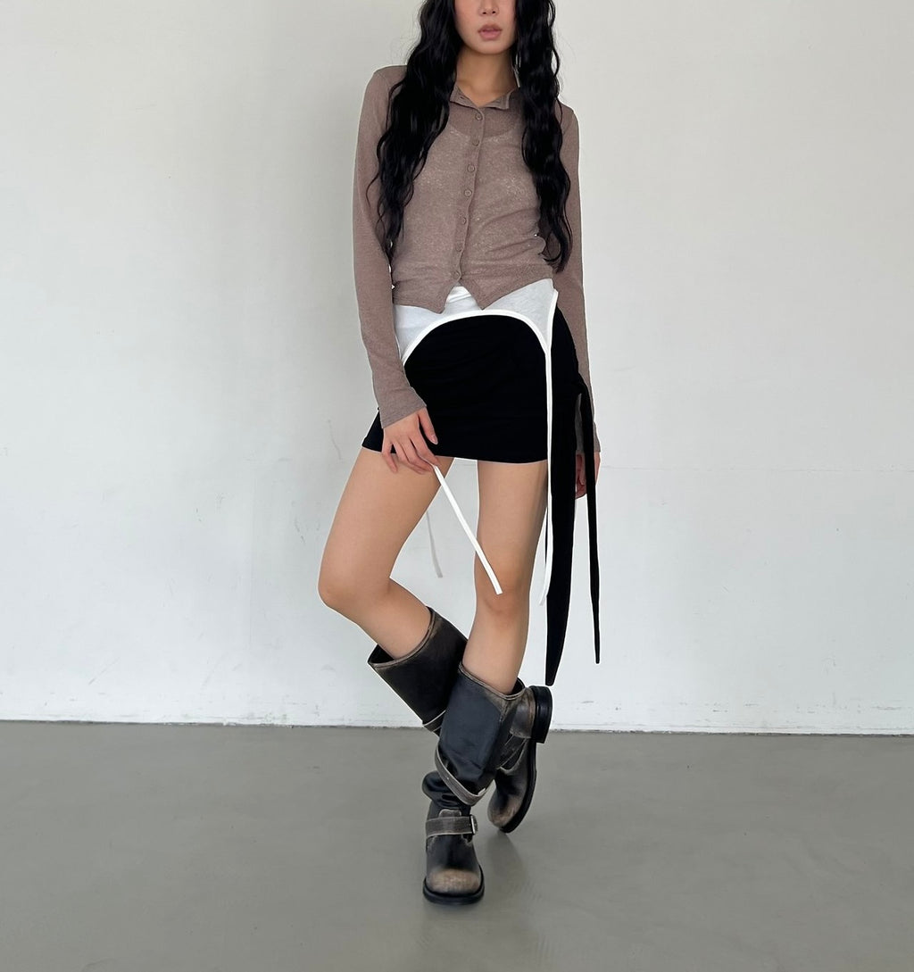 ASKHAKI Sheer Texture Button Front Slim Cropped Cardigan