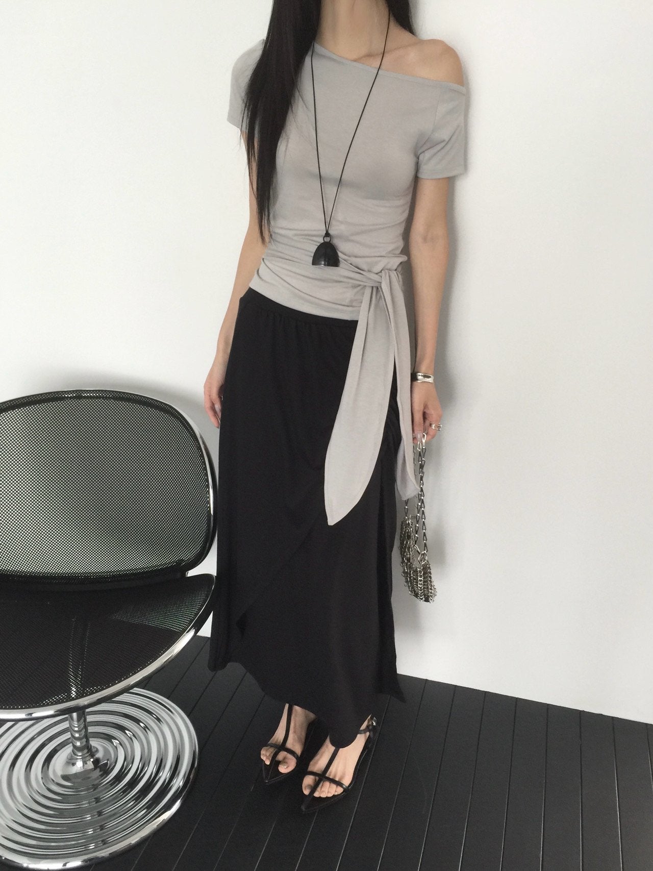 Nweol off-shoulder crop top with tie waist in White, product shot on chair top view