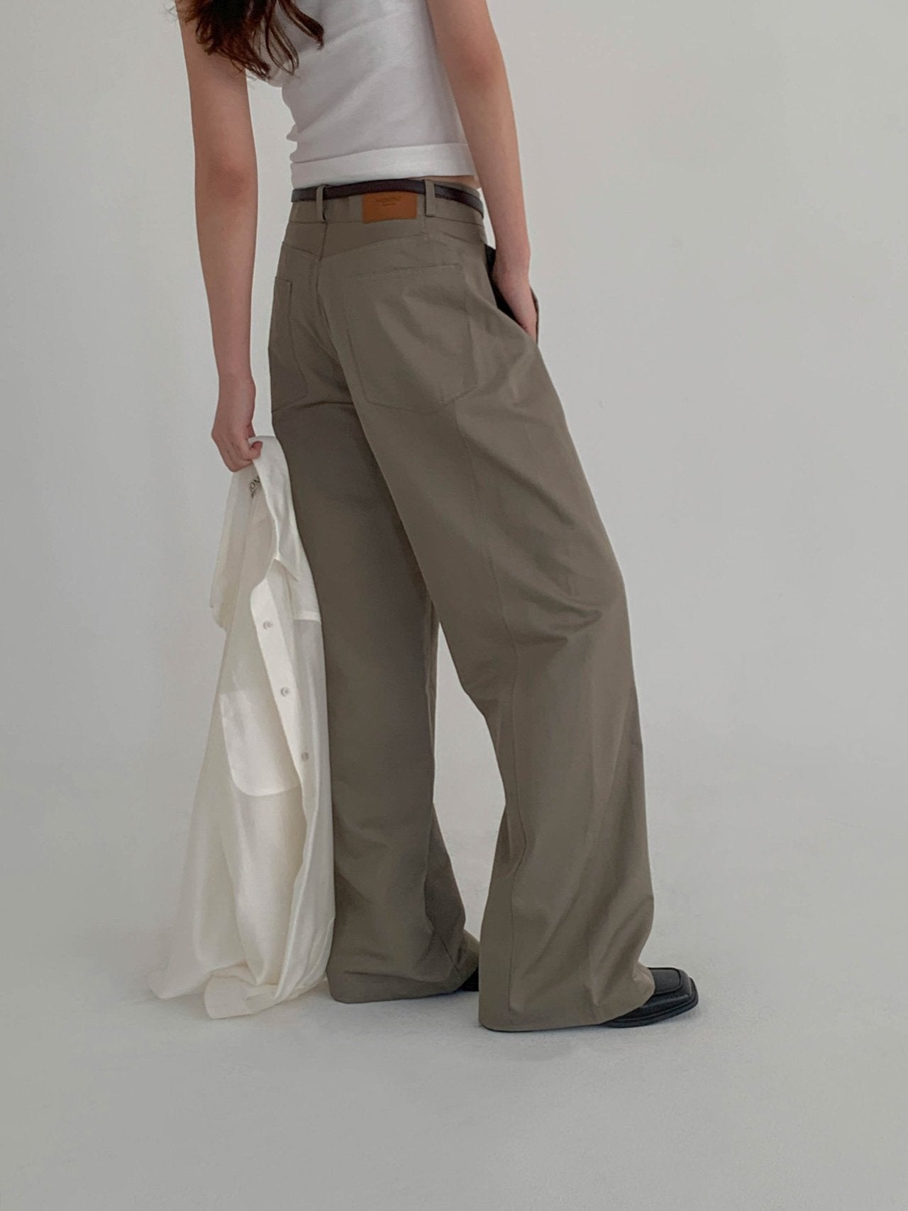 Moment curved seam wide leg pants in Light Khaki, front view full length on model
