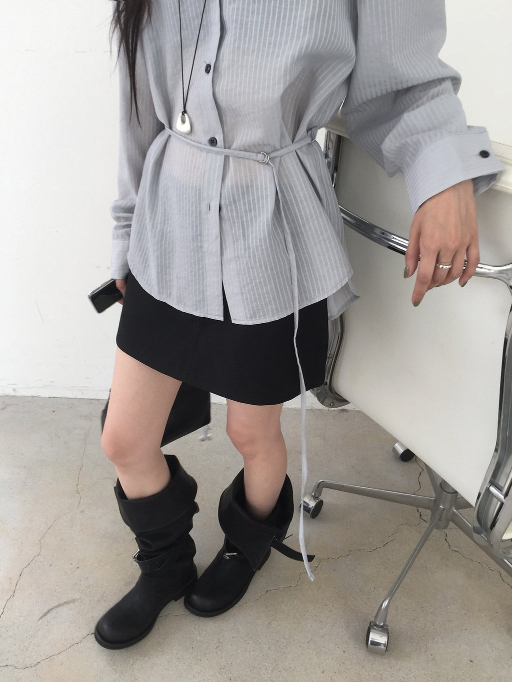Stripe Texture Button-Down Shirt with Drawstring Waist