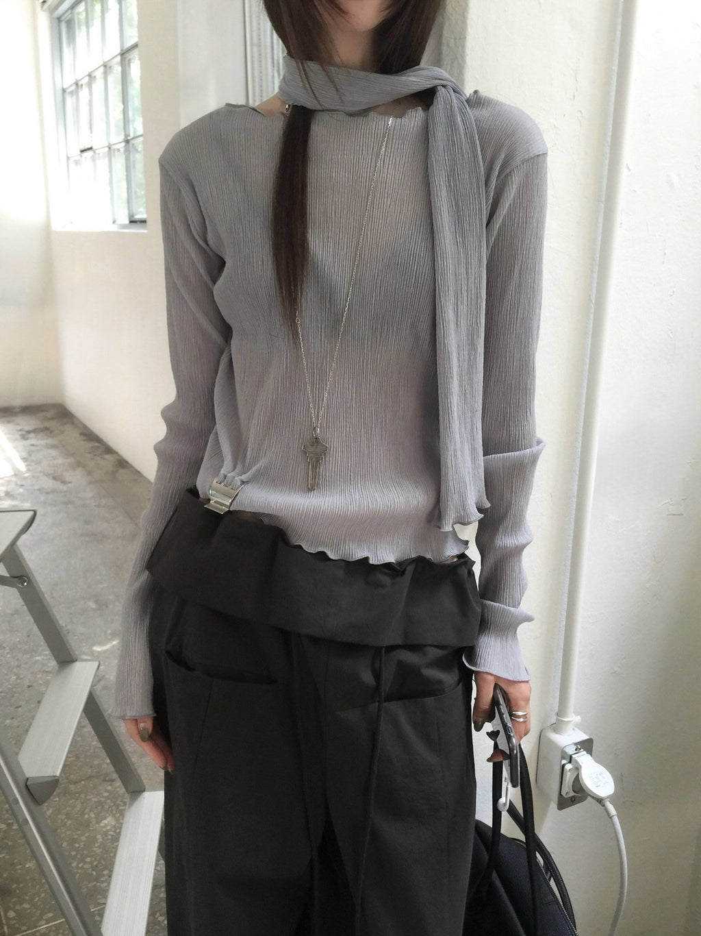 Pleated Long Sleeve Top with Scarf Set