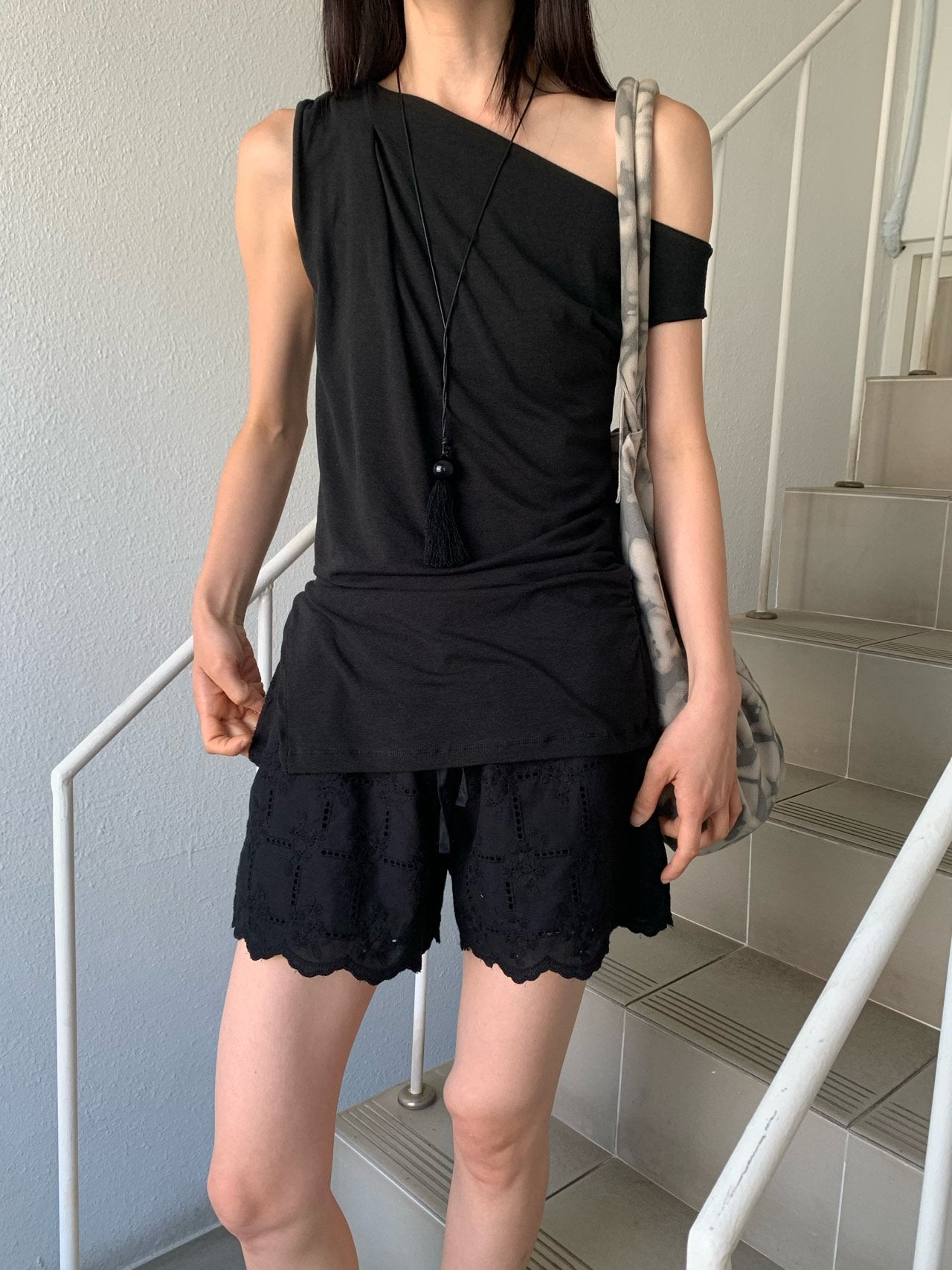 VAARA Eyelet Embroidery Scallop Hem Shorts with Drawstring Elastic Waist