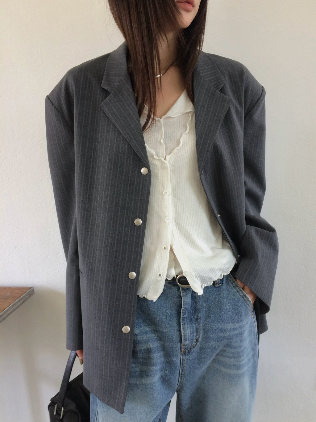 Wave Hem Ribbed Button-Front Long Sleeve Top