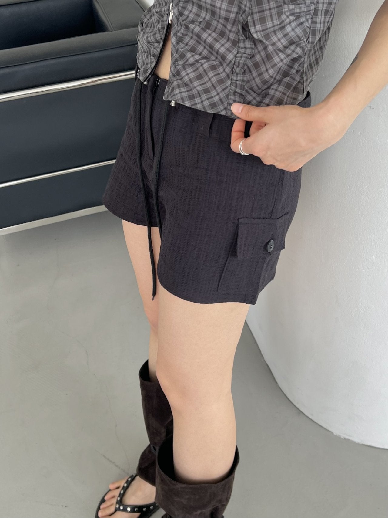 ASKHAKI Cargo Pocket Double Zip High-Waist Shorts
