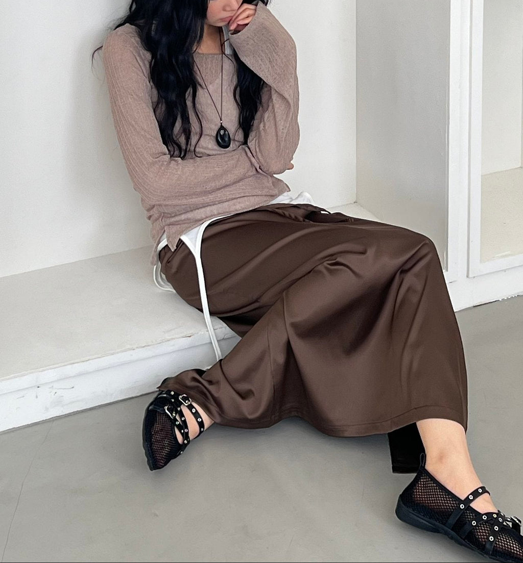 ASKHAKI Contrast Piping Drawstring Wide Leg Long Skirt