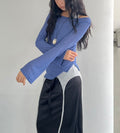 ASKHAKI Off-Shoulder Wide Neck Flare Cuff Asymmetric Hem Knit Top