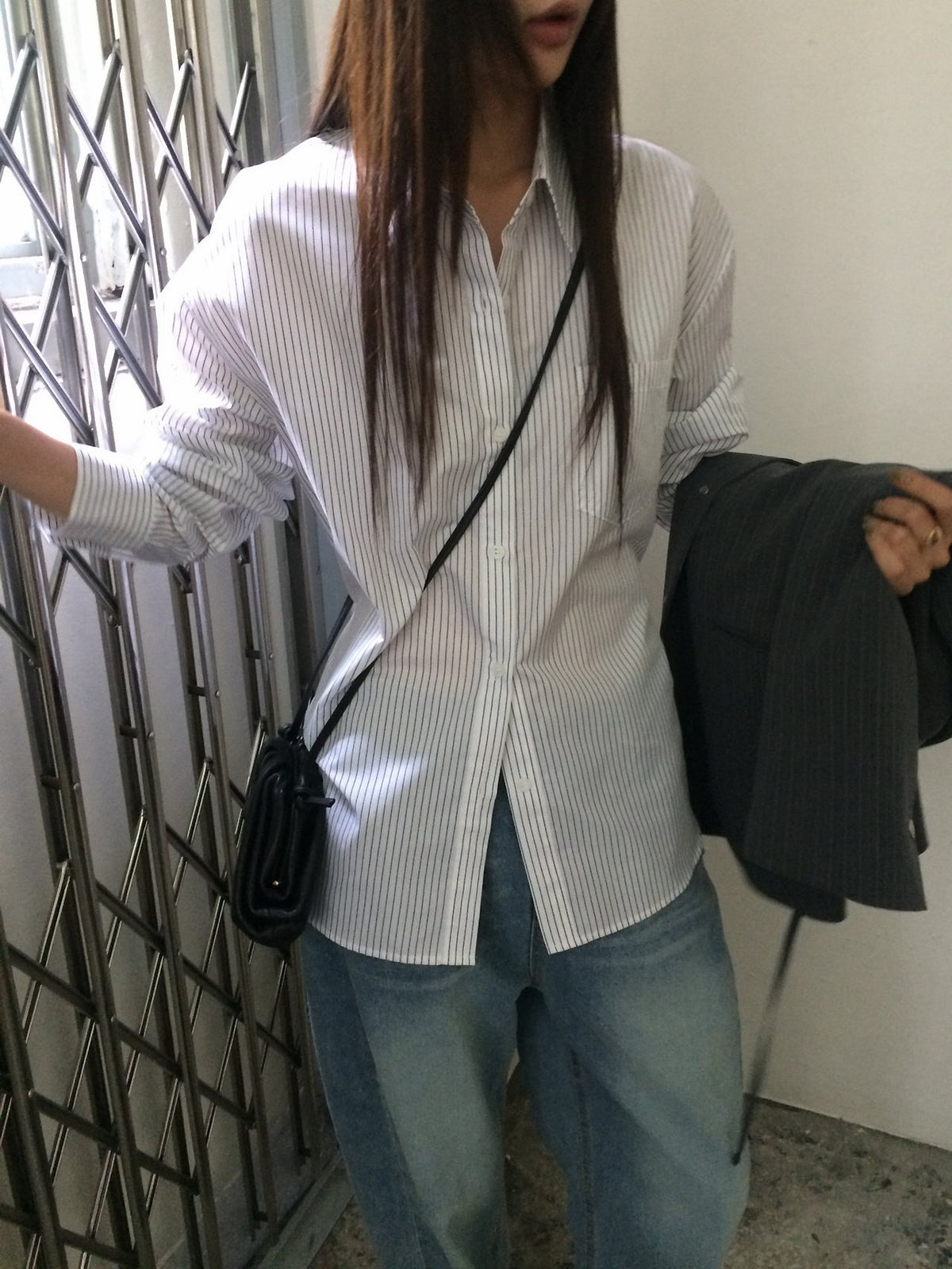Stripe Overfit Shirt with Back Drawstring Detail