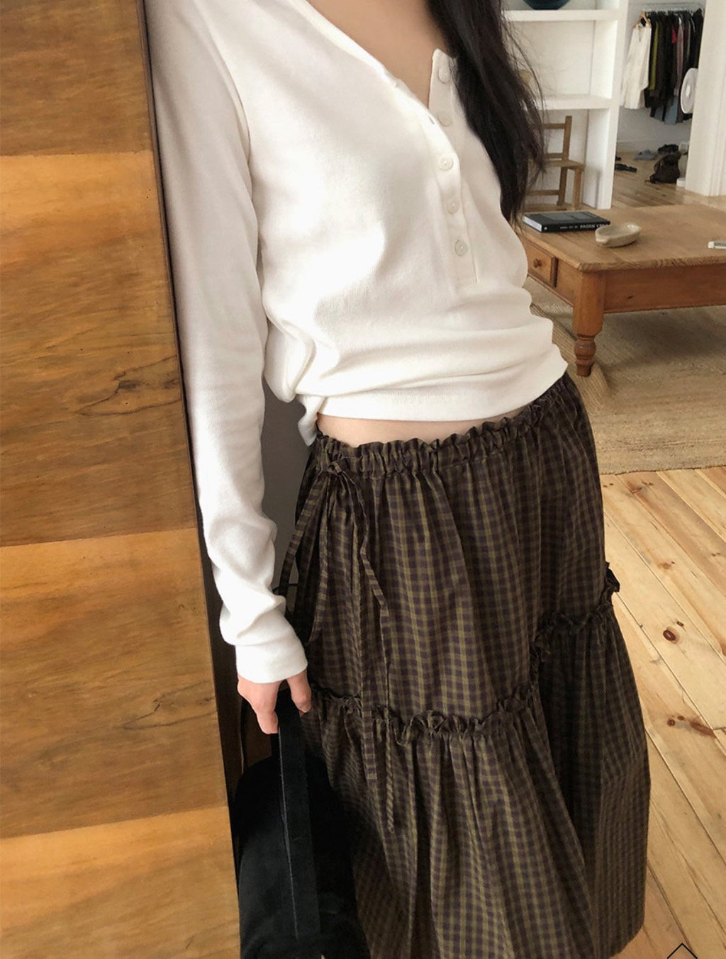 Tiered Midi Skirt with Check Pattern and Drawstring Waist