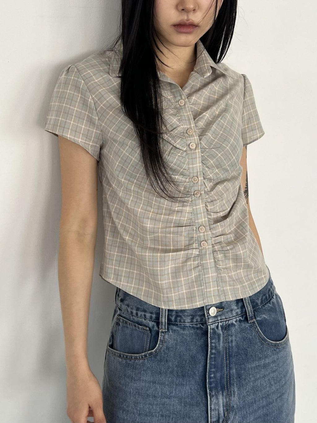 ASKHAKI Check Shirring Puff Sleeve Cropped Button Shirt