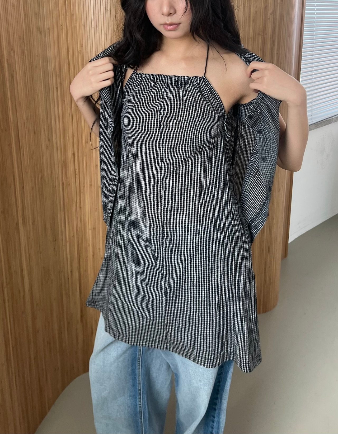 ASKHAKI Mini Check Ruffle Neck Cropped Cardigan and Spaghetti Strap Dress Set