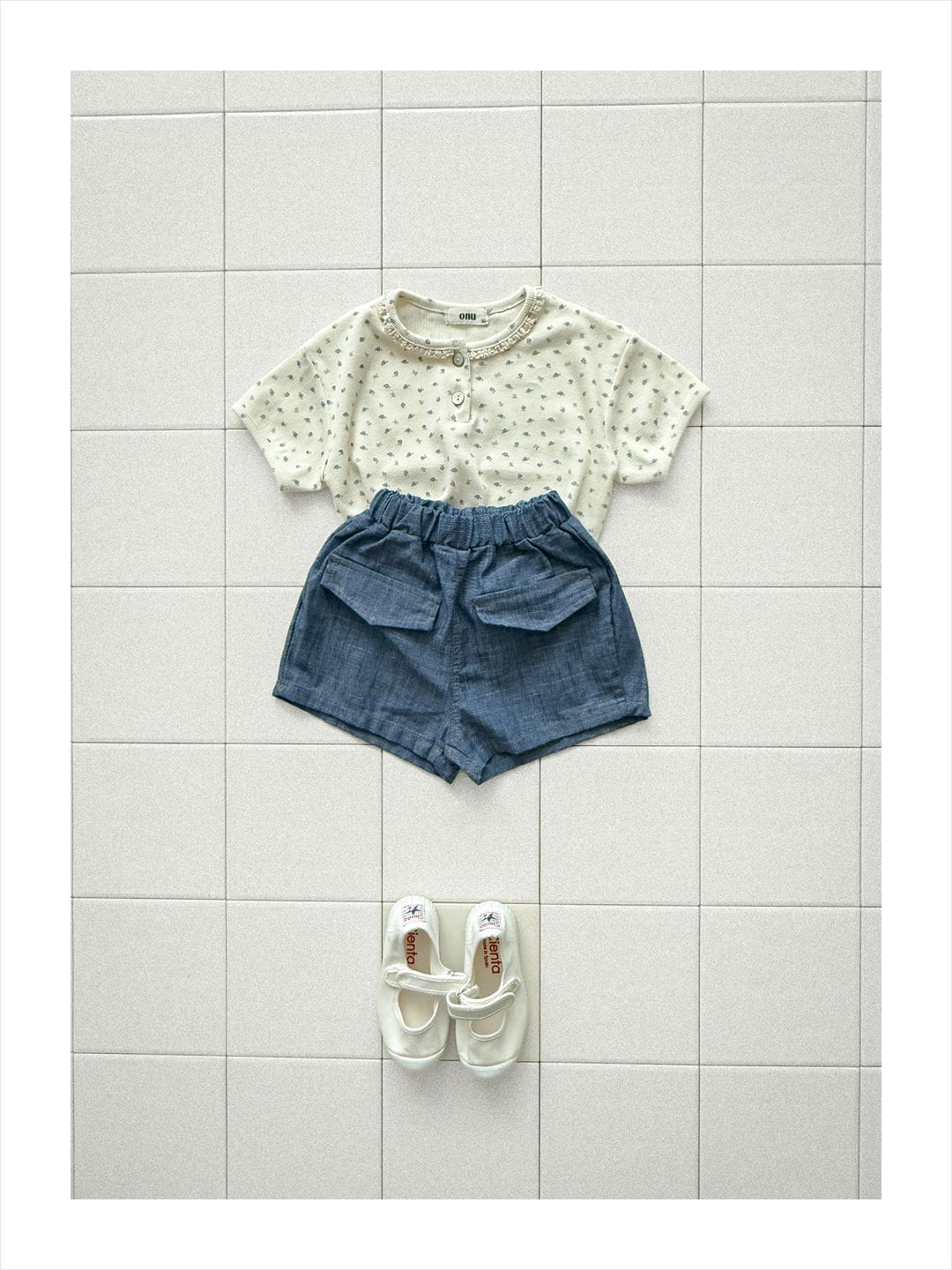 Onu Ditsy Floral Lace Neck Rib Tee & Pocket Denim Shorts Set — Kids