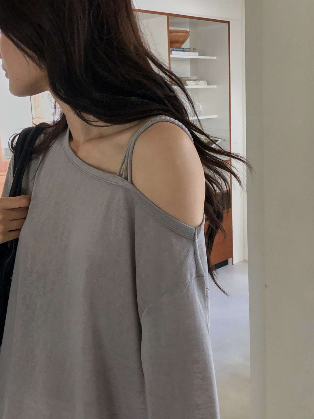 Off Shoulder Strap Detail Long Sleeve Top