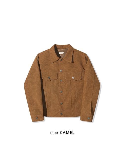 Camel leather-look trucker jacket button cuff detail