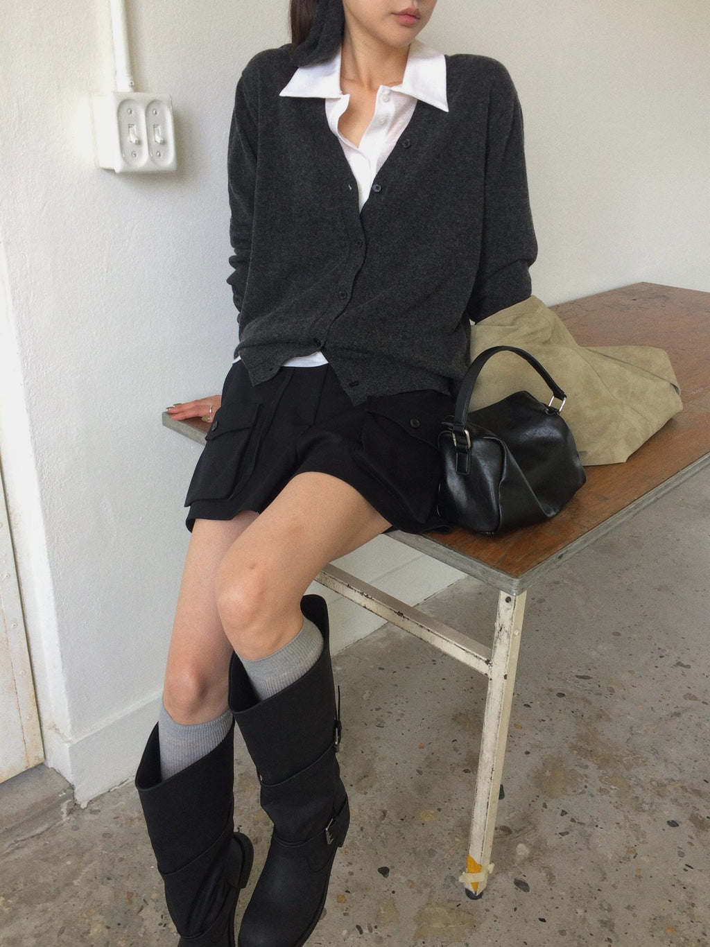 V-Neck Button Knit Cardigan with Set Scarf
