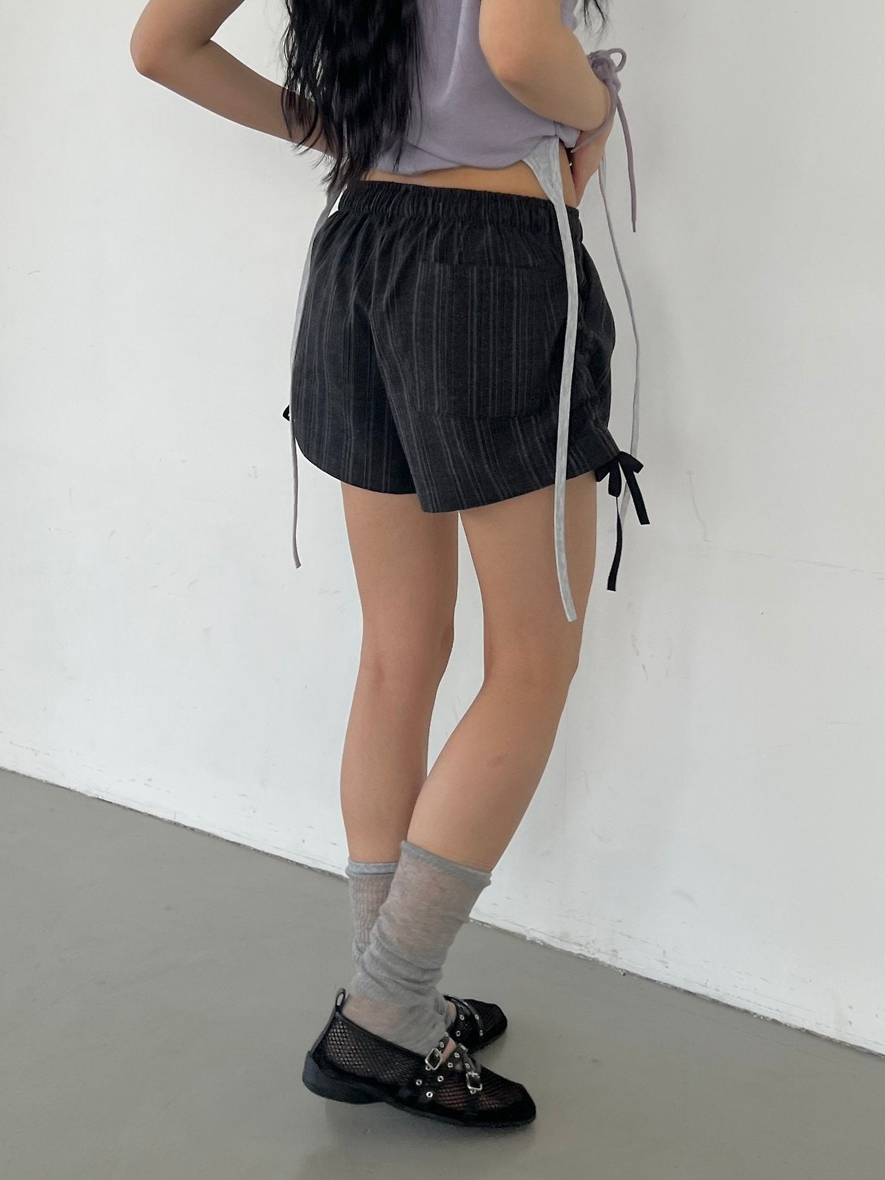 ASKHAKI Stripe Side Ruffle Drawstring Bow Elastic Waist Shorts