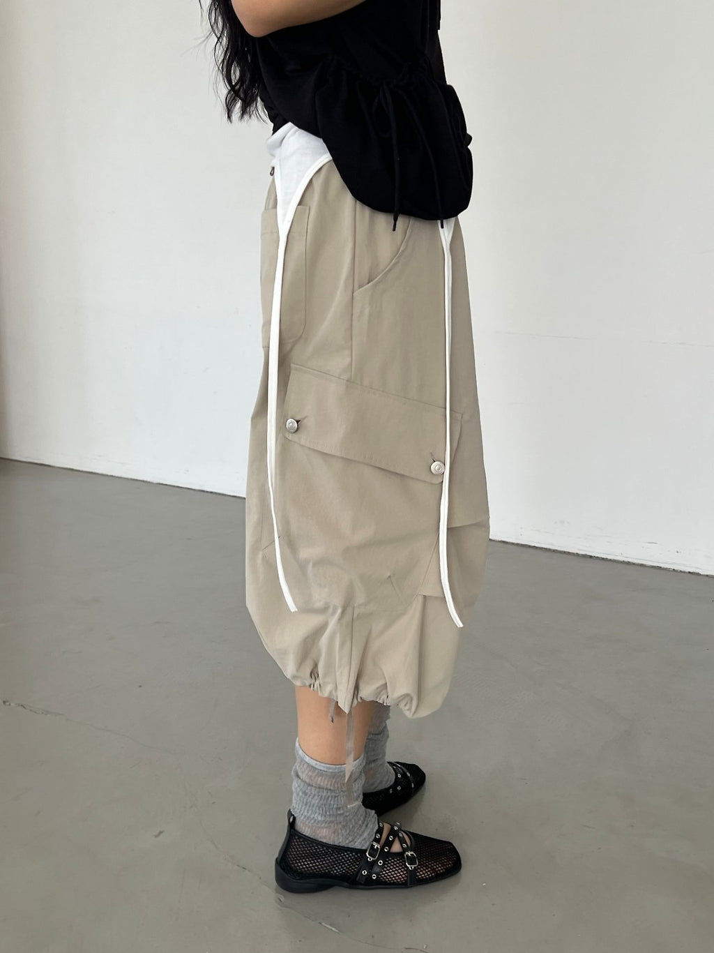 ASKHAKI Wide Leg Cargo Bermuda Shorts with Flap Pockets and Drawstring Hem