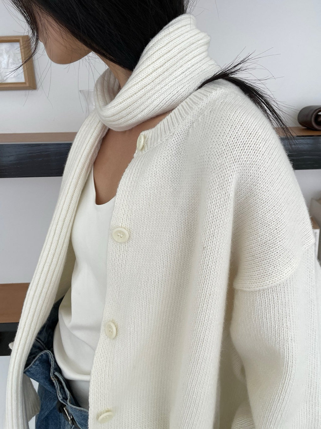 Khaki cardigan and matching scarf worn with blue jeans